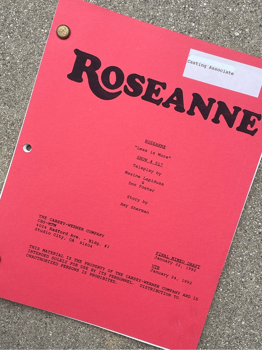 Roseanne Vtg 1992 Production Used Final Draft Script Less Is More BREAST REDUCT!